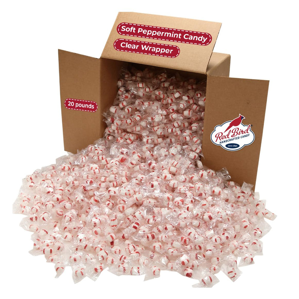 Red Bird Soft Peppermint Candy Puffs in clear wrappers for display and sharing.