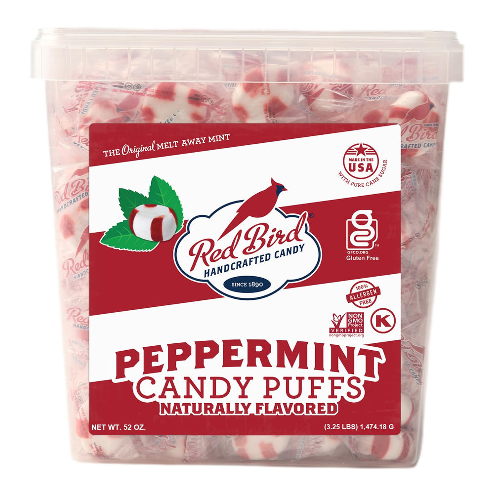 Red Bird Soft Peppermint Puffs tub with melt-away texture for quick refreshment