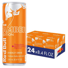 Red Bull Amber Edition Strawberry Apricot can front view showing fruity energy boost for study sessions