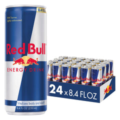 Red Bull energy can front view highlighting caffeine boost for focus.