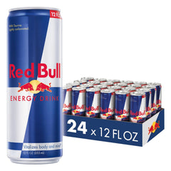 Red Bull energy can, ice cold, ready to boost focus and stamina.