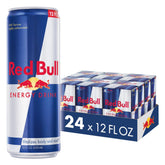 Red Bull energy drink can front view emphasizing quick energy for focus and alertness.