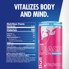Red Bull Peach Edition Sugarfree can side view, caffeine boost for focus