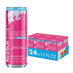 Red Bull Peach Edition Sugarfree can with white peach flavor and energy boost.