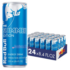 Red Bull Sea Blue Edition energy drink can on a desk boosts focus for work or study
