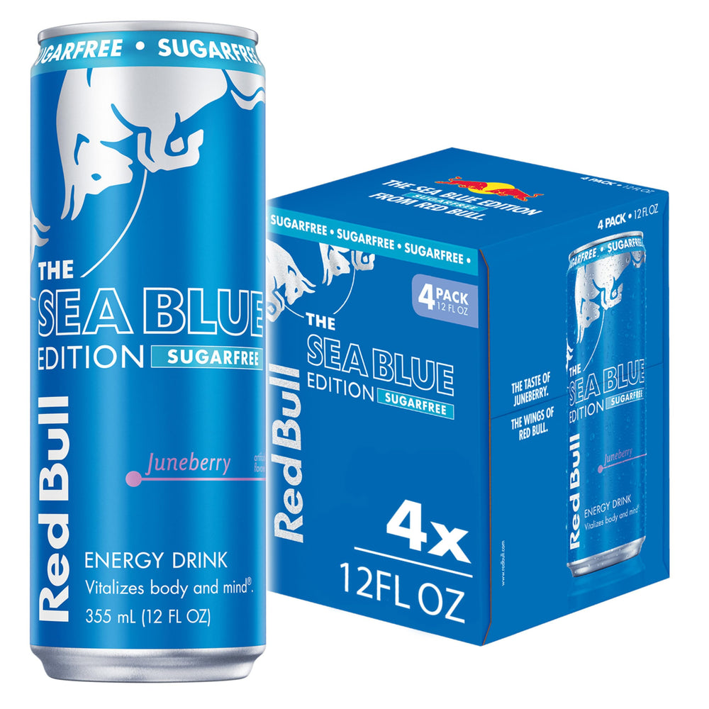 Red Bull Sea Blue Edition sugar-free 12-ounce can for on-the-go energy.