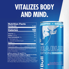 Sea Blue Edition sugar-free can tilted to show Juneberry flavor.