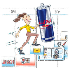 Close-up of Red Bull can highlighting taurine and B vitamins for energy support.