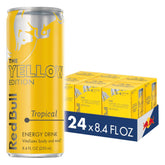 Red Bull Yellow Edition Tropical can close-up showing tropical aroma and energy boost