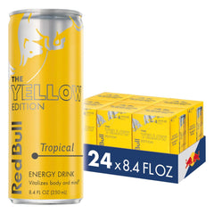 Red Bull Yellow Edition Tropical can close-up showing tropical aroma and energy boost