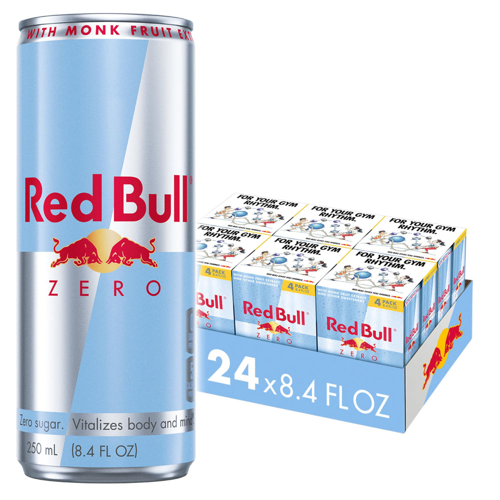 Red Bull Zero can, ice-cold close-up, boosts alertness for busy days.