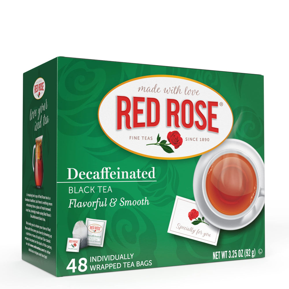 Red Rose decaf black tea bags ready for a smooth cup