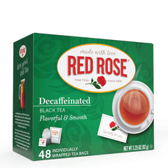 Red Rose decaf black tea bags ready for a smooth cup