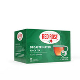 Red Rose decaf black tea K-Cup box showing 12 single-serve packs for easy brewing.