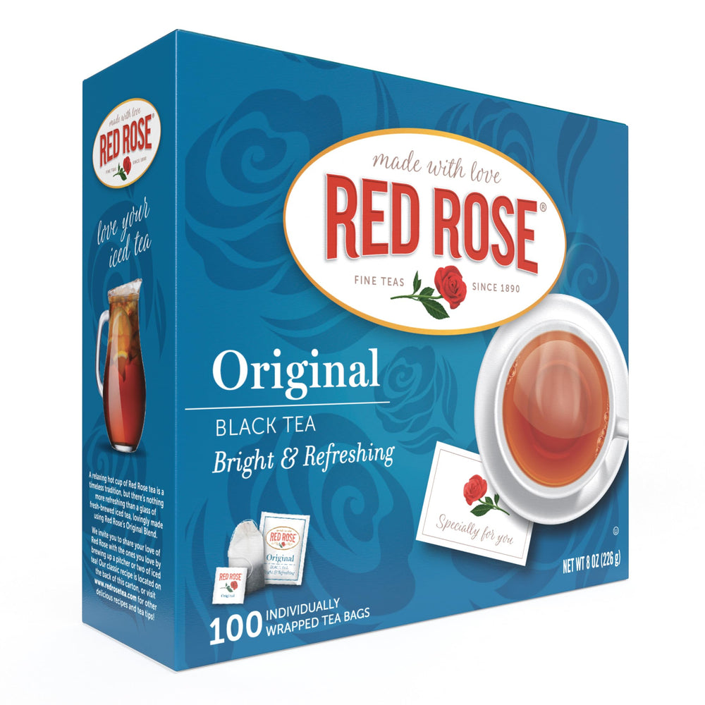 Red Rose Original Tea box with 100 bags for daily refreshment.