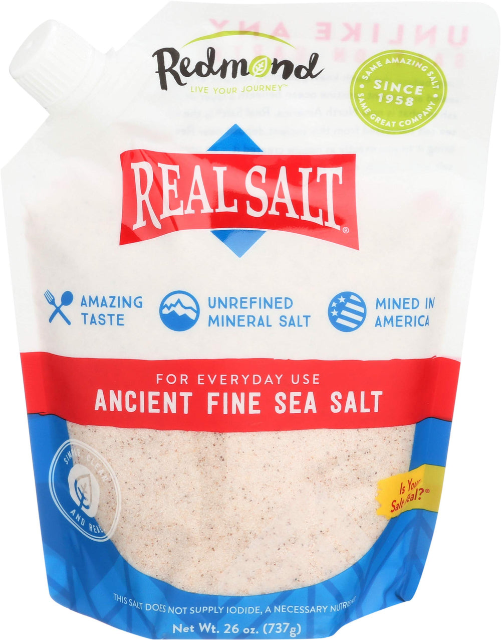 Redmond Real Salt ancient fine sea salt pours, highlighting delicate sweetness for cooking.