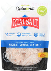 Redmond Real Salt coarse salt in grinder refill pouch ready for cooking.