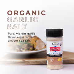 Closeup of Redmond Real Salt Garlic Salt label showing clean ingredients