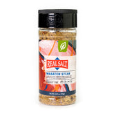 Redmond Real Salt Wasatch Steak bottle front, balanced minerals for flavorful meals.