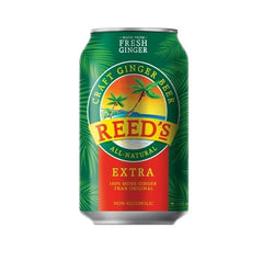 Label on Reed's can highlighting real ginger root for authentic flavor.