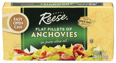 Reese anchovies in olive oil flat fillets in a 2oz tin for dressings.