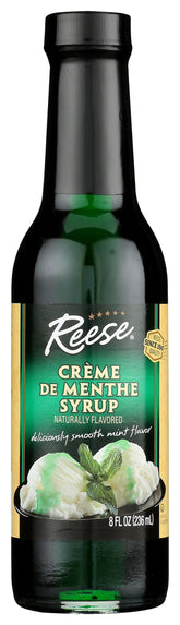 Reese Crème de Menthe Syrup bottle pouring mint flavor into a drink.