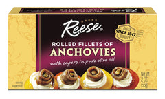 Reese rolled anchovies in olive oil with capers, ideal for Caesar dressing.