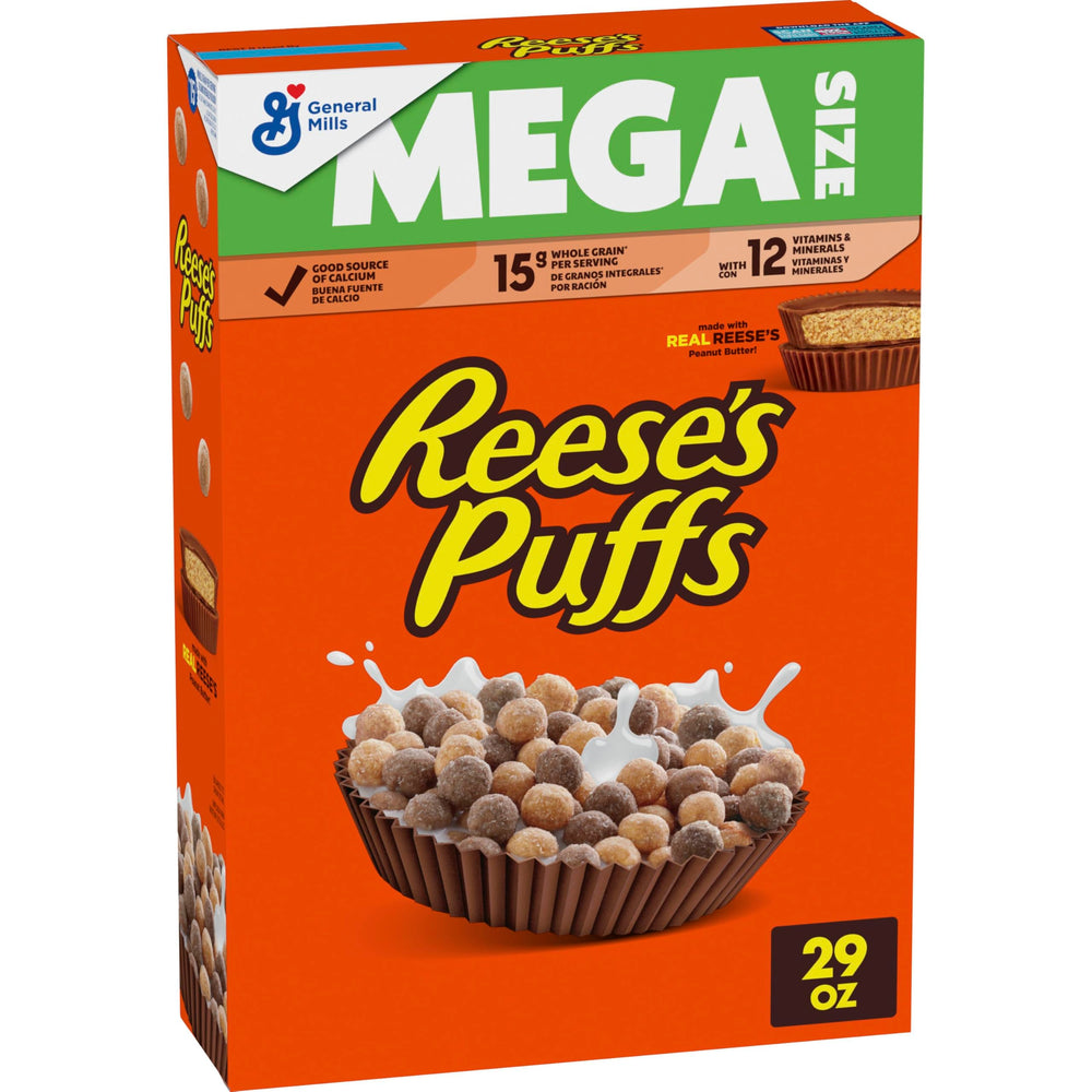 Reese's Puffs mega-size box front, convenient family breakfast option