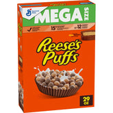 Reese's Puffs mega-size box front, convenient family breakfast option