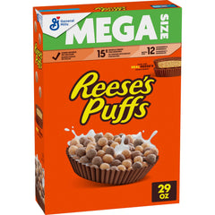 Reese's Puffs mega-size box front, convenient family breakfast option