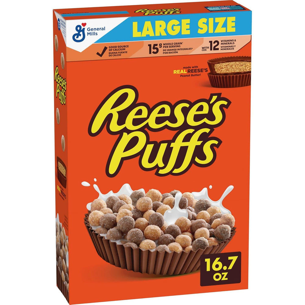 Reese's Puffs chocolatey peanut butter cereal in a bowl for a quick breakfast crunch.