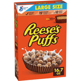 Reese's Puffs chocolatey peanut butter cereal in a bowl for a quick breakfast crunch.