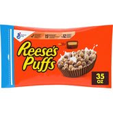 Reese's Puffs chocolatey peanut butter cereal bowl with milk for a quick breakfast