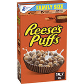 Reese's Puffs chocolatey peanut butter cereal box close-up for a tasty breakfast