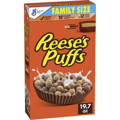 Reese's Puffs chocolatey peanut butter cereal box close-up for a tasty breakfast