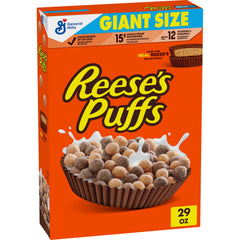 Reese's Puffs giant size cereal box front for quick family breakfasts.