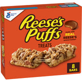 REESE'S Puffs Treat Bars close-up of peanut butter cocoa bar showing crispy cereal texture.