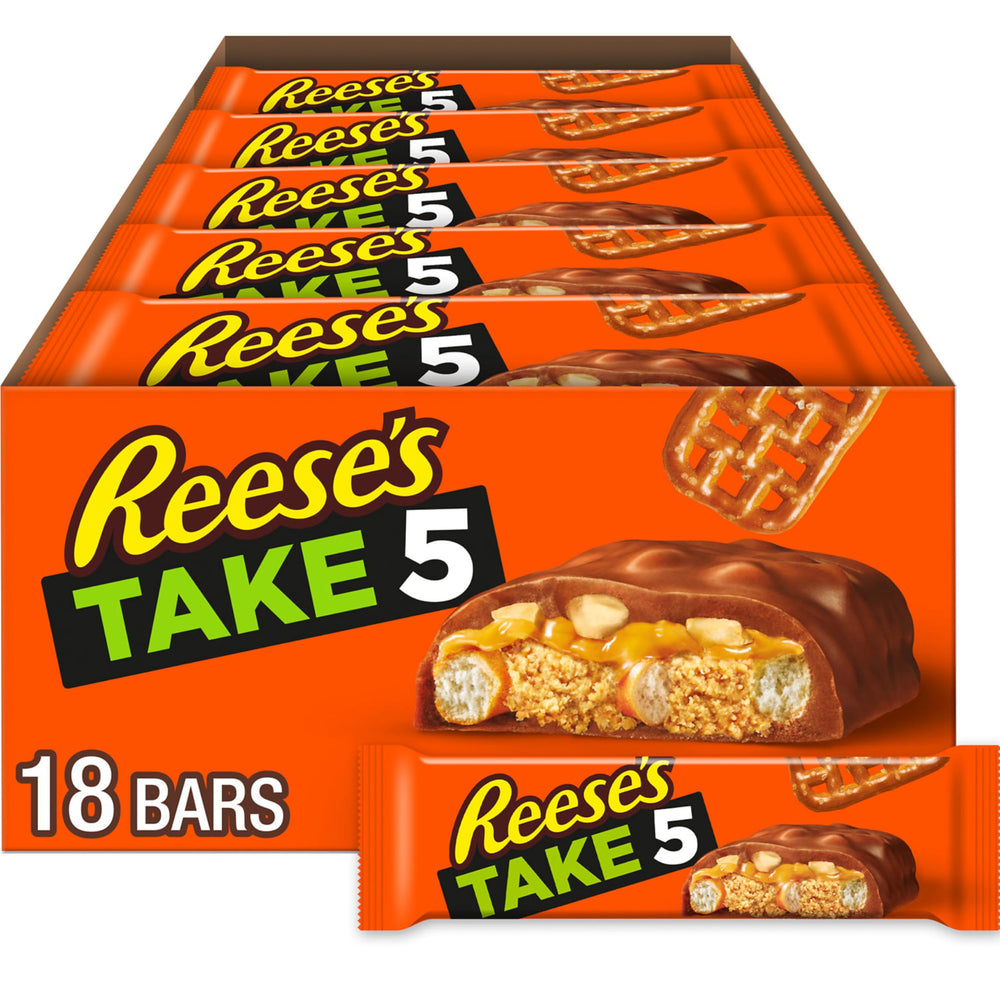 REESE'S TAKE 5 pretzel-layer close-up for crunchy movie-night snacking.