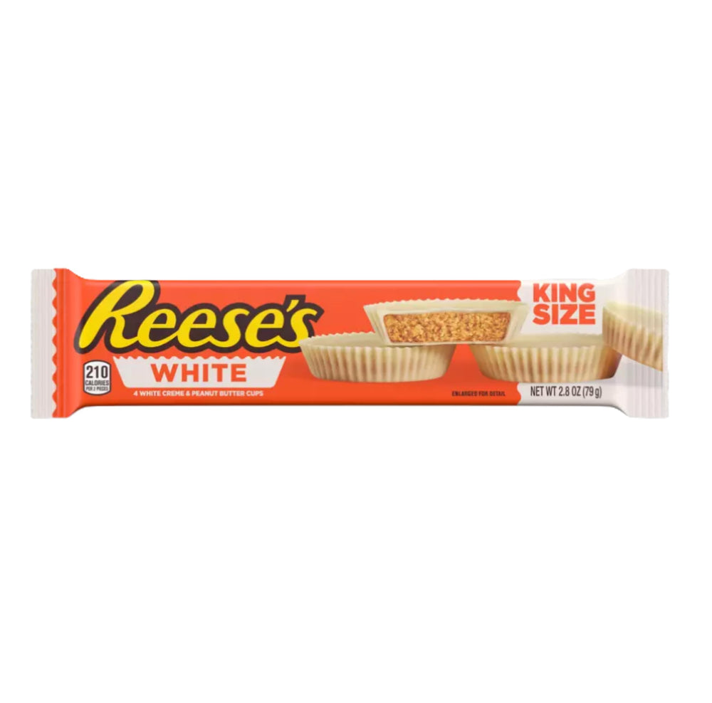 Reese's White Peanut Butter Cups 4-pack, creamy white chocolate with peanut butter for a satisfying treat.