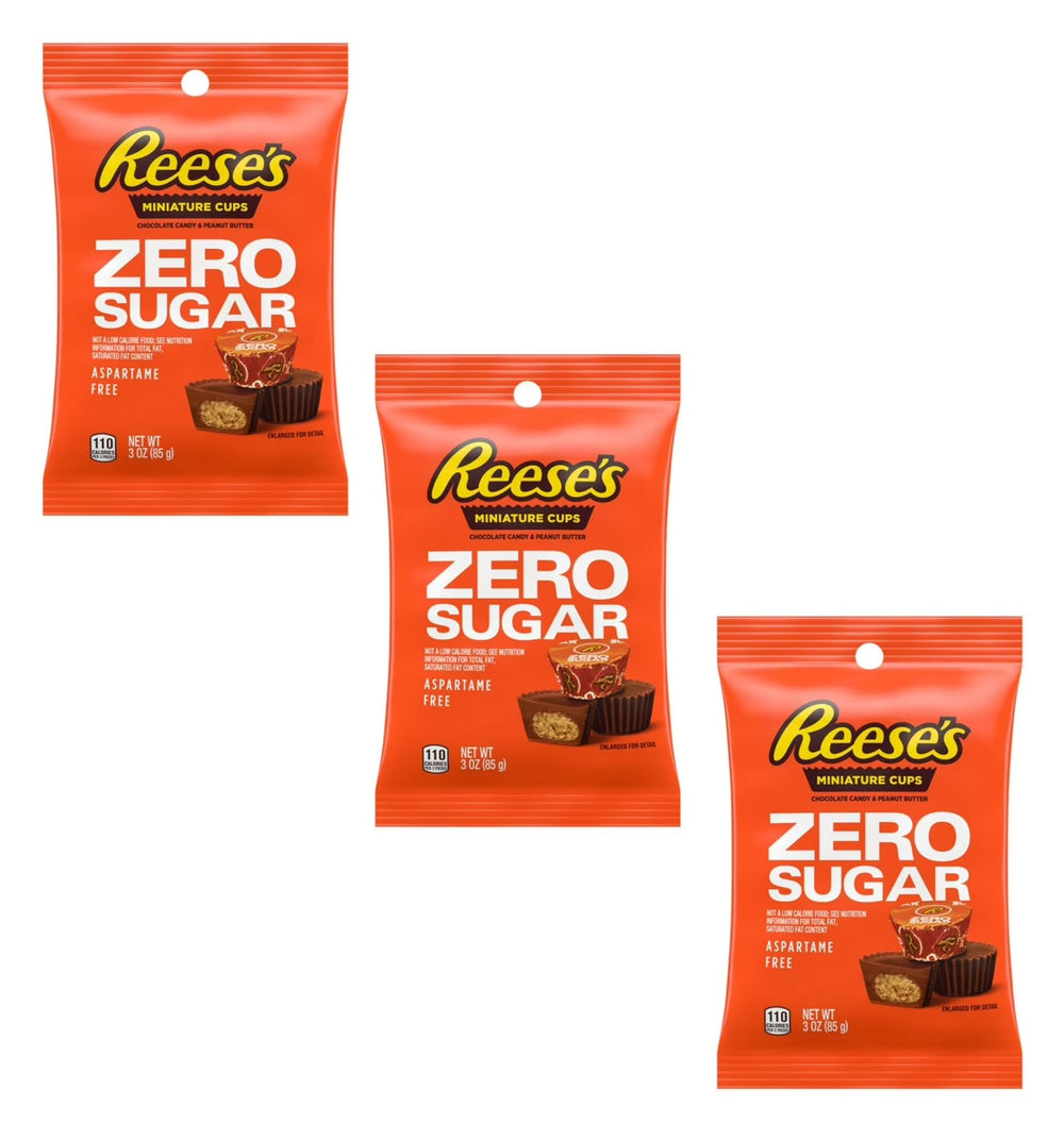Reese's Zero Sugar Mini Cups pack 3 front view, ideal for on-the-go snacking.
