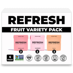 Refresh Gum fruit variety pack closeup showcases natural flavors and plant-based ingredients for a refreshing chew.