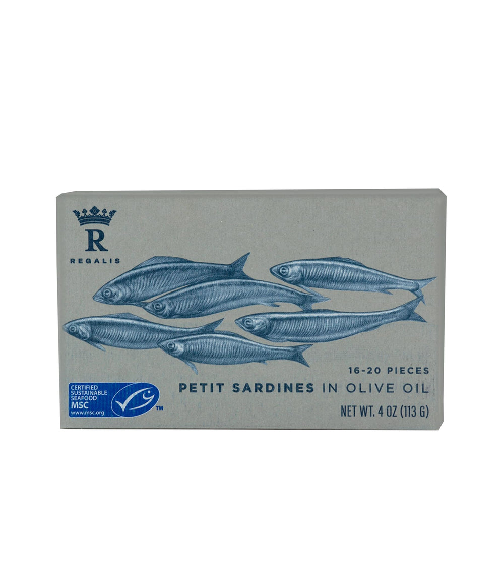 Regalis Foods petite sardines in olive oil ready to enjoy as a protein-packed snack.