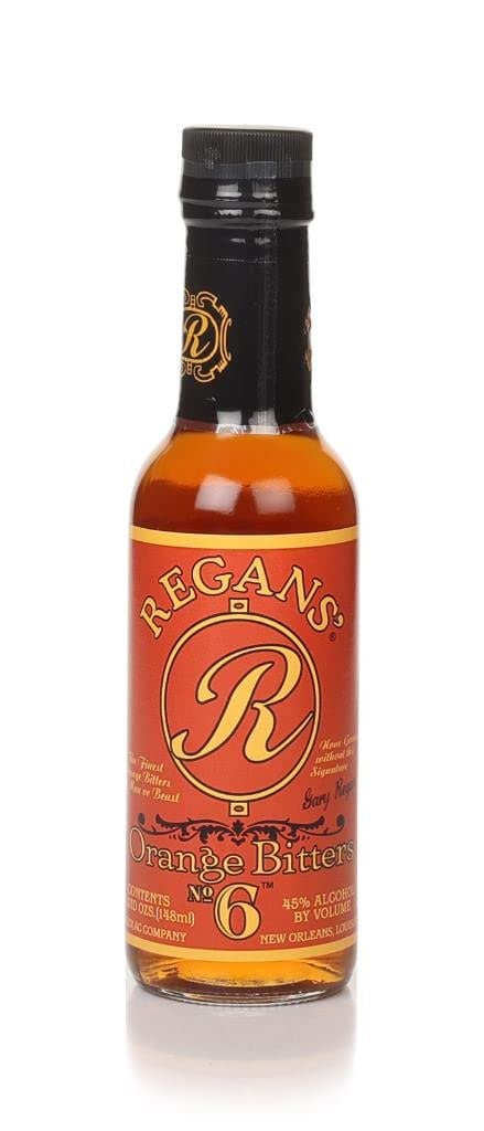 Regans Orange Bitters No.6 bottle pour highlighting citrus-forward aroma for cocktails.