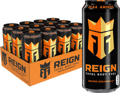 Reign Orange Dreamsicle bottle showing zero sugar energy for workouts.