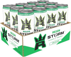 REIGN Storm kiwi-apple label closeup highlighting the vitamin blend.