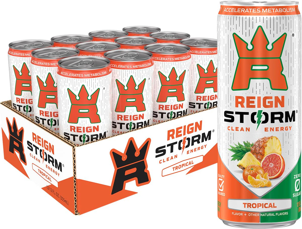 REIGN Storm Tropical bottle pour demonstrates clean energy for workouts.