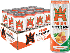 REIGN Storm Tropical bottle pour demonstrates clean energy for workouts.