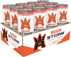 REIGN Storm Tropical can front highlights bold blood orange pineapple flavor.