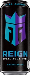 Close-up of Reign Total Body Fuel Razzle Berry label highlighting clean ingredients.