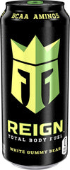 Reign Total Body Fuel White Gummy Bear bottle pour aiding refreshing hydration and focus during training